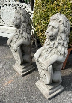 Pair of Large English Cast Stone Heraldic Lions with Shields Garden Entrance