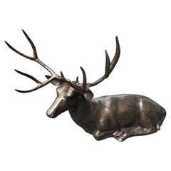 Large Life-Size Reclining Stag Garden Sculpture in Bronzed Cast Aluminium