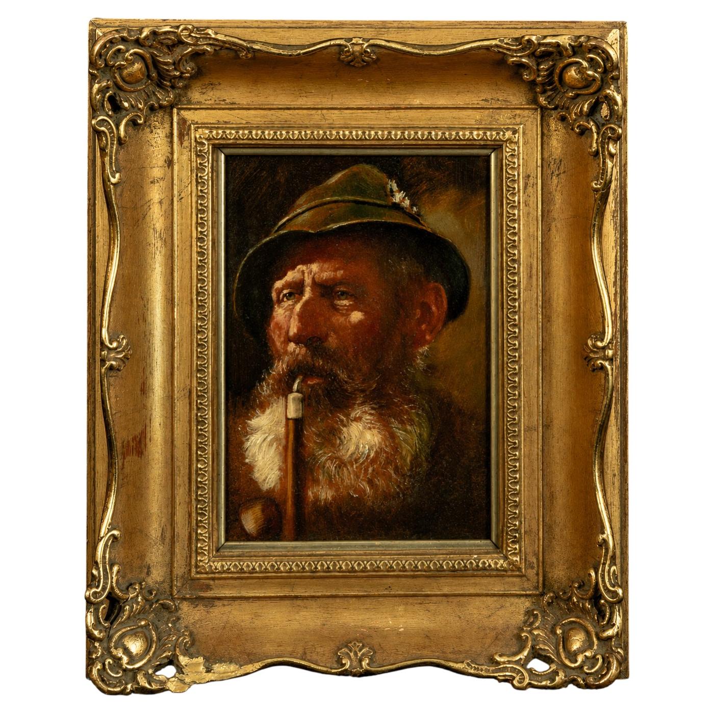 Bernd Funke German Portrait of a Gentleman with Pipe, Oil on Board, Mid-20th C For Sale