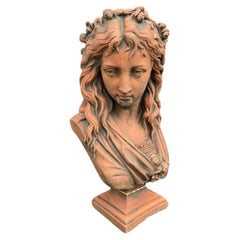 Classical Terracotta Stone Bust of Ophelia with Floral Garland