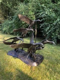 Large Seven Ducks in Flight Garden Sculpture in Bronzed Cast Aluminium with Reed