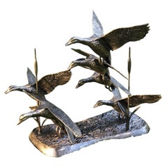 Large Seven Ducks in Flight Garden Sculpture in Bronzed Cast Aluminium with Reed