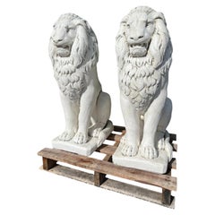 Pair of Large Classical Seated Lion Garden Statues in White Cast Stone