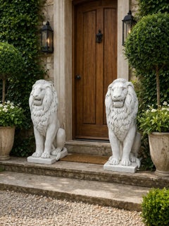 Pair of Large Classical Seated Lion Garden Statues in White Cast Stone