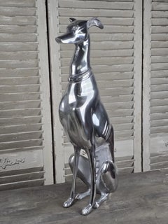 Large Sitting Whippet Greyhound Dog Sculpture in Polished Aluminium