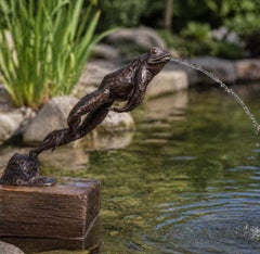 Large Solid Bronze Leaping Frog Fountain Sculpture, Garden Pond Water Spitter