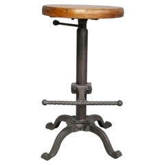 Industrial Adjustable Cast Iron Bar Stool with Wooden Seat and Footrest