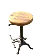 Industrial Adjustable Cast Iron Bar Stool with Wooden Seat and Footrest