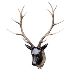 Large Wall-Mounted Stag Head Sculpture with Antlers Life-Size Faux Bronze Deer