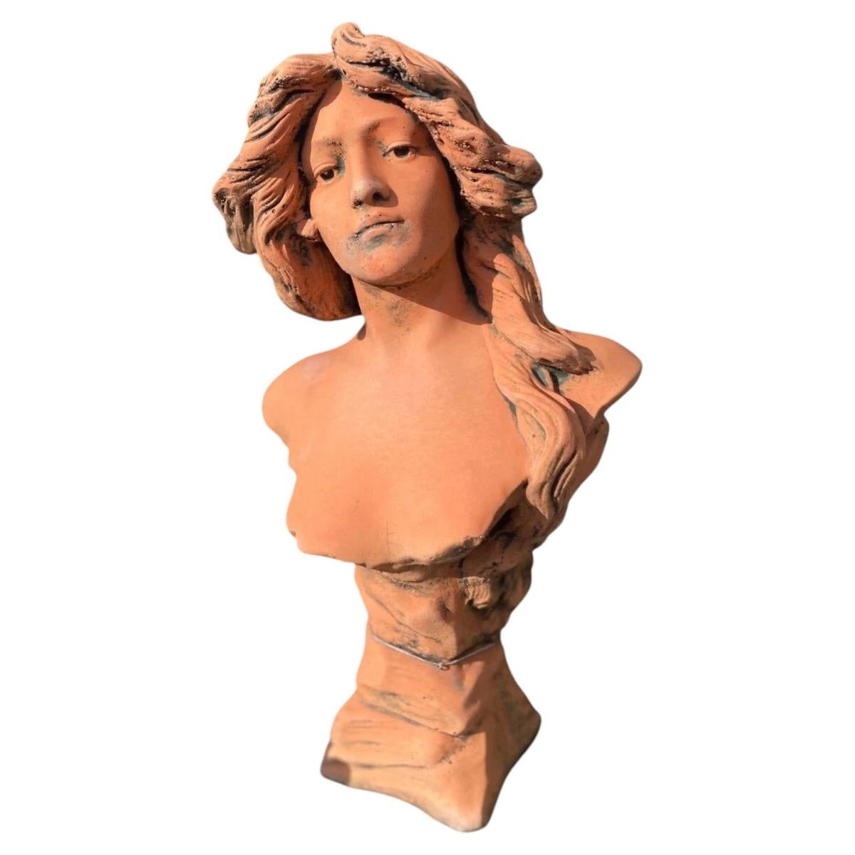 Classical Terracotta Female Bust Sculpture with Long Flowing Hair For Sale