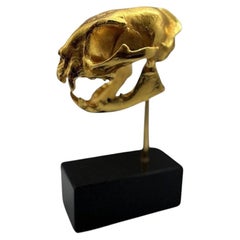 Golden Cat Skull Desk Sculpture on Black Marble Base, Gothic Curio Ornament