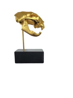 Golden Cat Skull Desk Sculpture on Black Marble Base, Gothic Curio Ornament