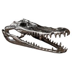 Large Silver Crocodile Skull Sculpture, Gothic Curio