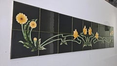 English Hand-Painted Art Nouveau Floral Majolica Tile Panel, 18 Tiles