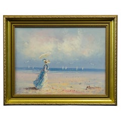 Marie Charlot Signed Impressionist Mid Century Oil Painting Woman on the Shore