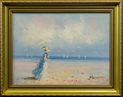 Marie Charlot Signed Impressionist Mid Century Oil Painting Woman on the Shore