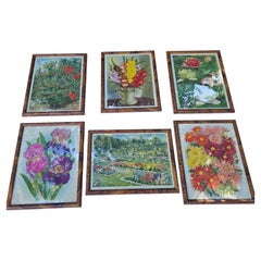 Set of Six British Botanical Prints in Burr Walnut Frames, circa 1930