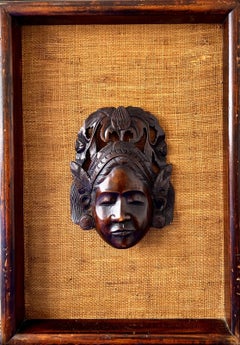 Vintage Indonesian Balinese Carved Hardwood Female Mask Framed Wall Art