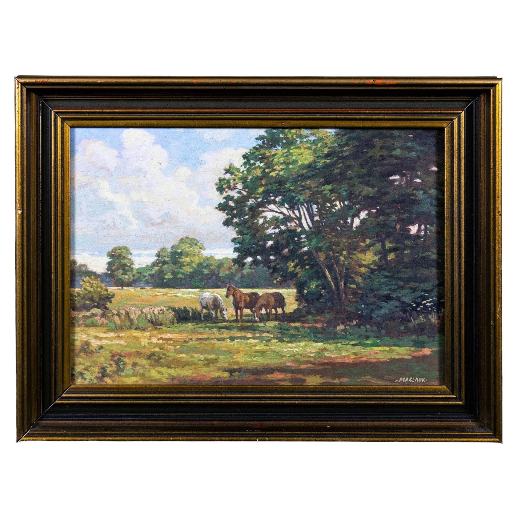 Maclark Ponies in the Shade British Equestrian Landscape Oil Painting c.1920 For Sale