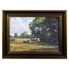 Maclark Ponies in the Shade British Equestrian Landscape Oil Painting c.1920