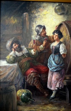 19th Century Italian Tavern Scene Oil Painting by F. Torrini, Signed