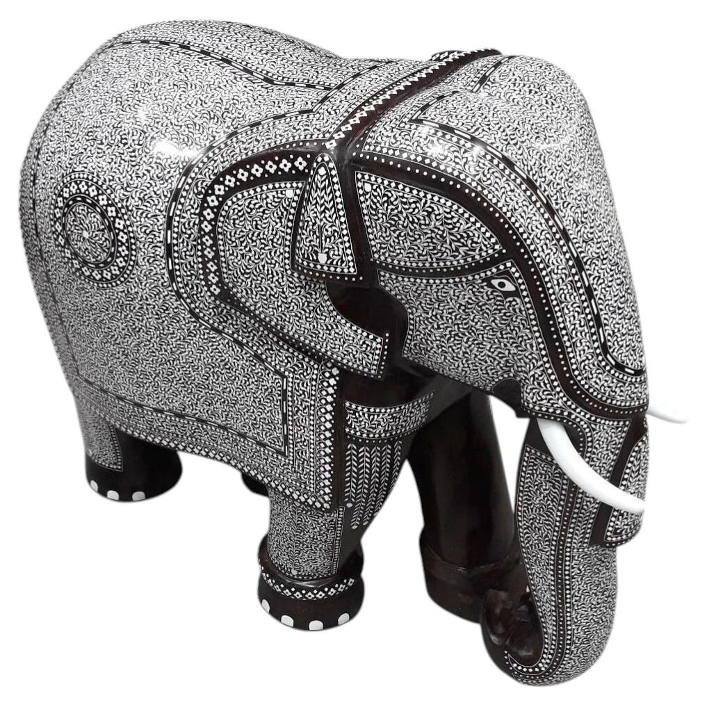 Large Indian Sheesham Rosewood Inlaid Elephant Sculpture, 61 cm For Sale