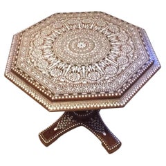 Indian Rosewood Octagonal Inlaid Pedestal Side Table with Peacock Base