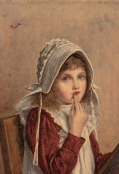 Henry John Terry 19th Century Girl with Chalk & Slate Watercolour, Signed