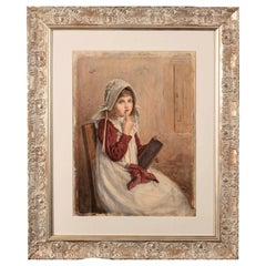 Henry John Terry 19th Century Girl with Chalk & Slate Watercolour, Signed