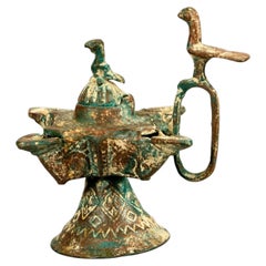 14th Century Islamic Copper Alloy Oil Lamp with Bird Handle