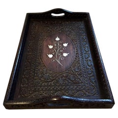 Indian Rosewood Hand-Carved Floral Serving Tray with Inlay