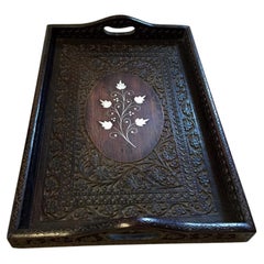 Indian Rosewood Hand-Carved Floral Serving Tray with Inlay