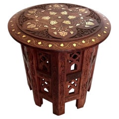 Indian Rosewood Carved Side Table with Brass and Copper Floral Inlay