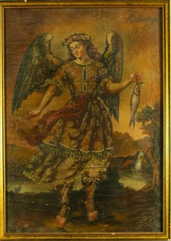 19th Century Cusco School Saint Raphael Archangel Oil Painting, Peru Old Master