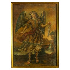 Peinture à l'huile de l'archange Saint Raphaël, de l'école de Cusco du XIXe siècle, maître ancien péruvien