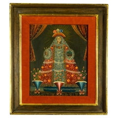 Peinture à l'huile d'époque de l'école de Cusco représentant la Vierge à l'Enfant, destinée à la dévotion, Pérou