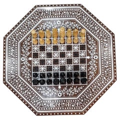 Indian Rosewood Inlaid Pedestal Chess Table with 32 Pieces