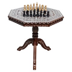 Indian Rosewood Inlaid Pedestal Chess Table with 32 Pieces