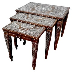 Indian Rosewood Nest of Three Tables with Floral Inlay and Elephant Legs