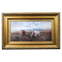 Pair of Highland Cattle Scottish Landscapes by J. M. Grandale, 20th Century