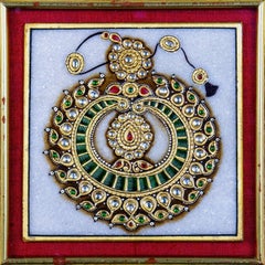 Indian Kundan-Style Jewelled Alabaster Plaque, Gilt Framed, 20th Century