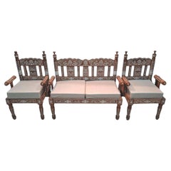 Indian Rosewood Inlaid Three-Piece Settee and Armchair Suite