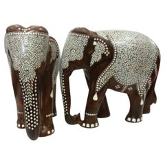 Pair of Indian Rosewood Inlaid Elephant Sculptures, Handcrafted