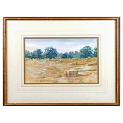 French Farm Landscape with Hayricks, Watercolour Painting, Early 20th Century