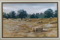 French Farm Landscape with Hayricks, Watercolour Painting, Early 20th Century