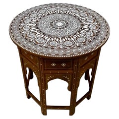 Indian Hoshiarpur Rosewood Inlaid Round Side Table, Tree of Life Design