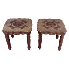 Pair of Anglo-Indian Rosewood Taj Mahal Carved and Brass Inlaid Side Tables