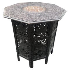 Anglo-Indian Carved Rosewood Folding Table with Floral Inlay