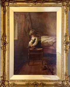 Florence W. Whitfield, Boy Tying His Shoelaces, British Oil Painting, c.1910