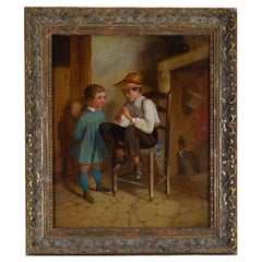 19th Century Gilt-Framed Oil Painting of Young Girl and Boy with Tin Whistle
